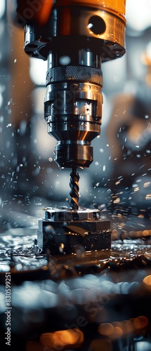 Close-up of a metal drilling machine at work, showing precision engineering in an industrial setting with flying sparks and droplets. photo