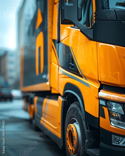 Close-up of a vibrant orange truck in an urban setting, showcasing its sleek design and modern features. photo