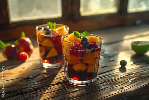 Fruit compote in a glass on the table. photo