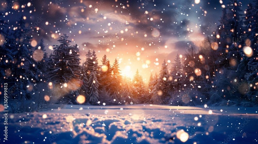 Christmas, winter, romantic snow scene, cold winter, beautiful ultra-wide winter background image, light snow dancing in the sky, fantasy, 4k HD wallpaper, background, generated by AI