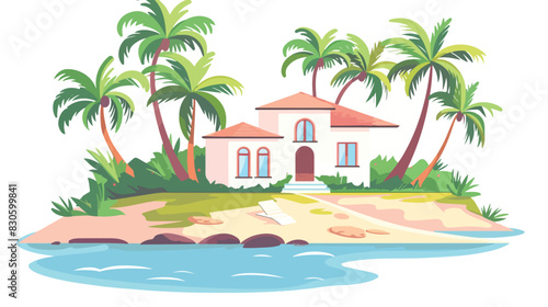 Tropical island scene. House with palms and sand beac