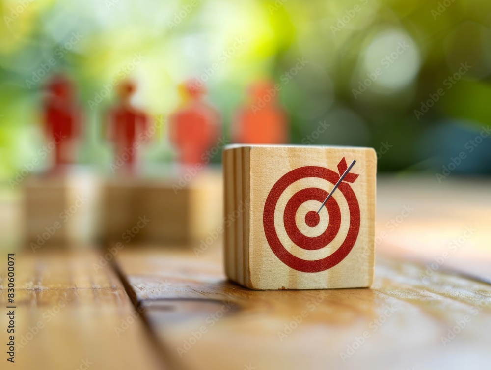 Wooden block with bullseye target and people in the background. Wooden block with bullseye target and people in the background.