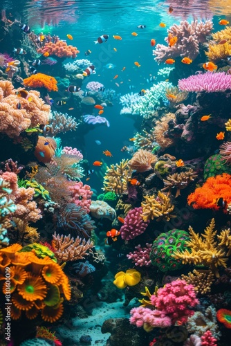 Underwater world with coral reef and fish.