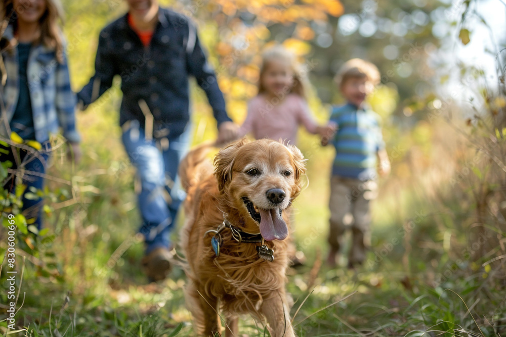 Outdoor Adventure with the Family Dog An exciting day of outdoor adventure as the family explores nature together with their beloved dog with wagging tails and happy 