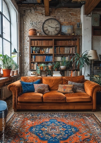 Brown sofa and bookcase filled with books. © VISUAL BACKGROUND