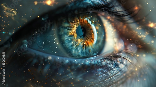 Human eye creative composition. Closeup beautiful female eye macro iris with light reflection and galaxy stars on the background of human face skin beauty abstract concept.