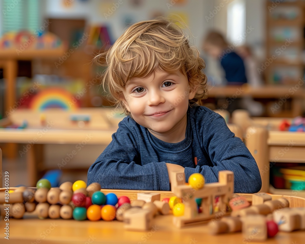 Child enjoying Montessori playtime, indistinct classroom background, fun and educational environment Child enjoying Montessori playtime, indistinct classroom background, fun and educational environment