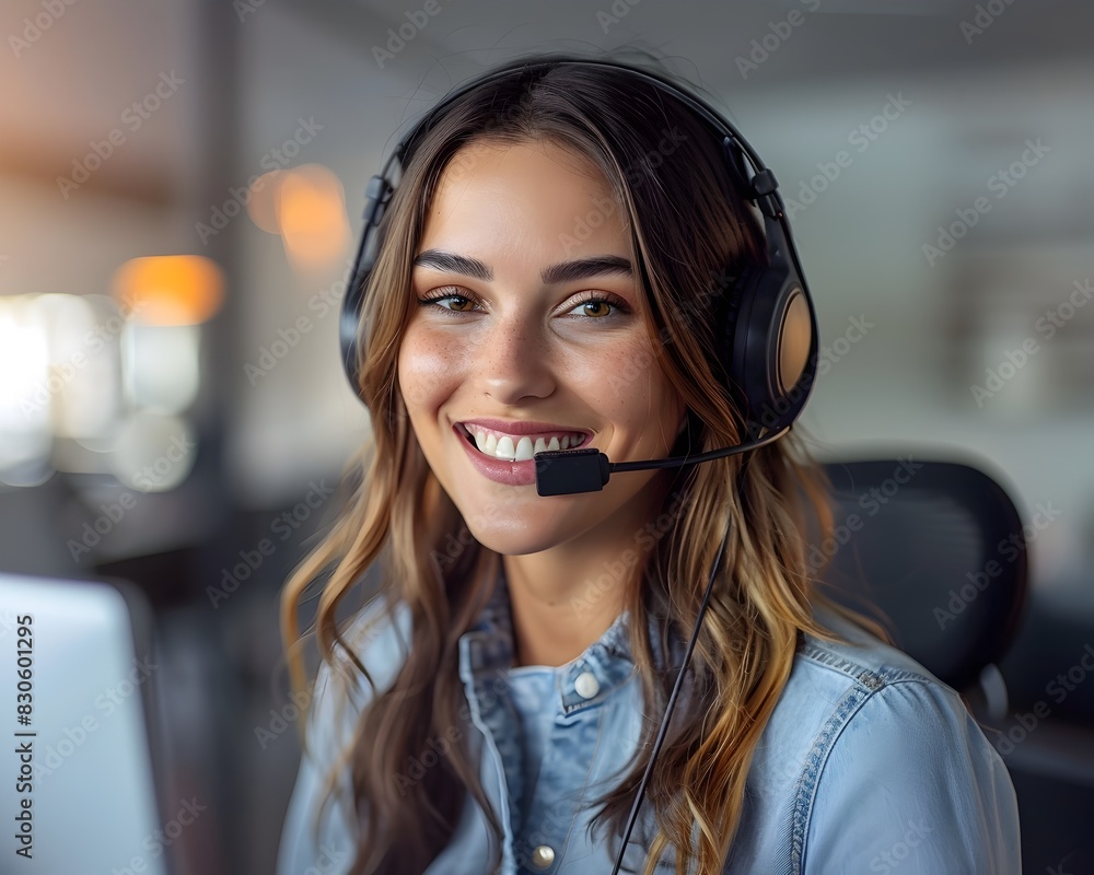 Smiling Customer Service Representative Assisting Client via Video Call on Laptop in Modern Office Environment Smiling Customer Service Representative Assisting Client via Video Call on Laptop in Modern Office Environment