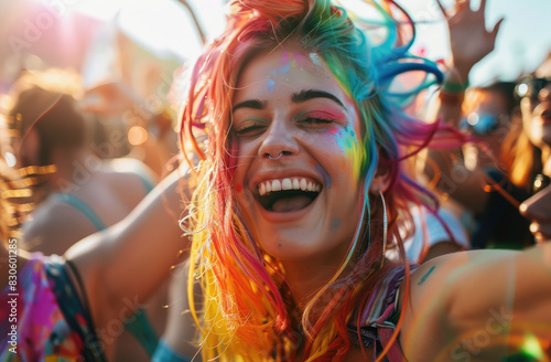 A group of friends were having fun at an outdoor music festival. One person was in the foreground wearing colorful hair and smiling while dancing