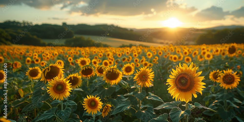 Fototapeta premium Expansive Sunflower Field at Sunset with Scenic Landscape