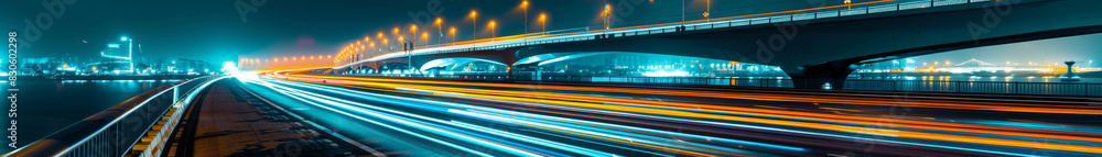 Dynamic Amethyst Light Trails on Expansive Bridge at Night Dynamic Amethyst Light Trails on Expansive Bridge at Night
