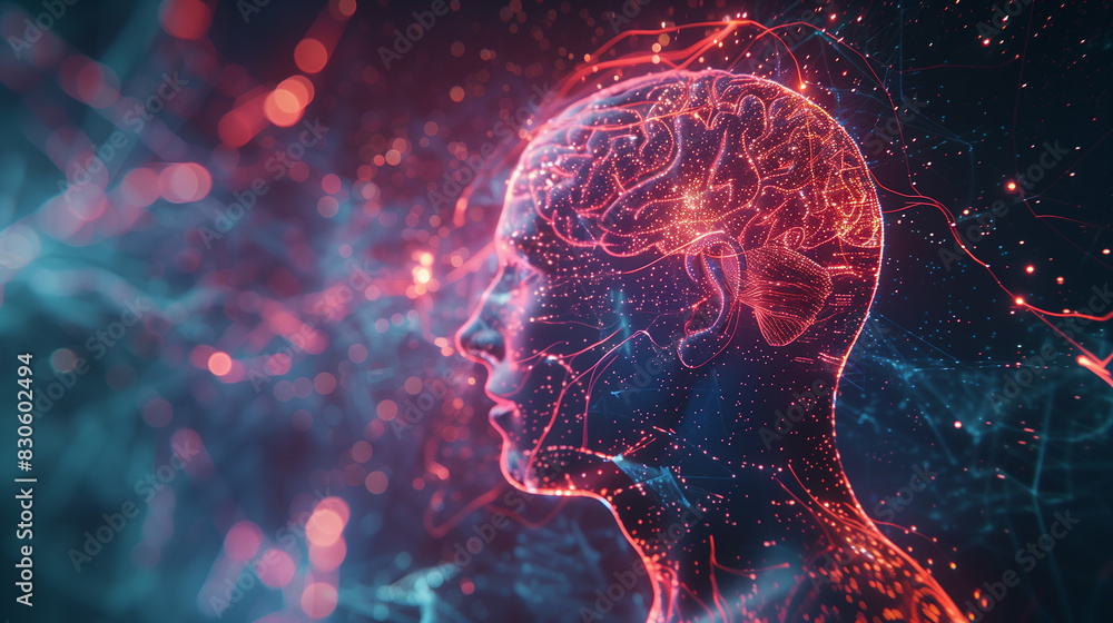 A brain with red and blue colors and a lot of dots A brain with red and blue colors and a lot of dots