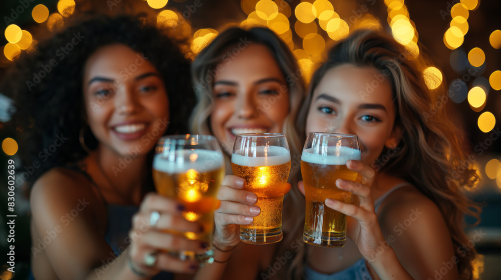 Three cheerful women clinking glasses of beer, celebrating in a festive setting with warm lights in the background. Three cheerful women clinking glasses of beer, celebrating in a festive setting with warm lights in the background.