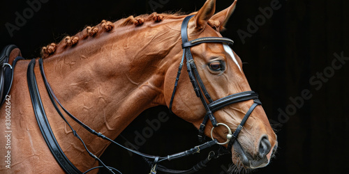 A brown horse with a black bridle and reins