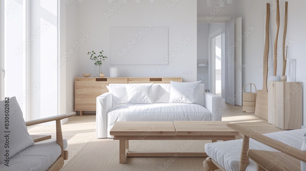 A Scandinavian living room with white walls and natural wood furniture, A photorealistic image of a Scandinavian living room with white walls and natural wood furniture. The walls are painted in a