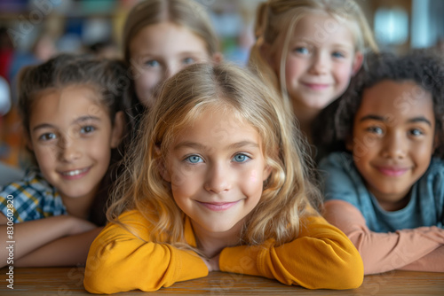 Group of diverse happy children smiling and posing together at school, showing friendship and unity among kids.