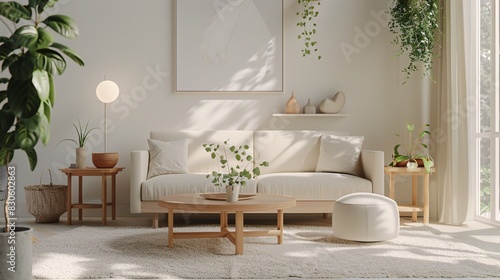 A photo of an interior design studio  showcasing modern furniture and decor in neutral tones  such as beige sofa with white carpet on the floor  wooden side tables  potted plants  lightcolored walls 