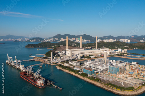 Top view of a coal fired power station in Lamma island of Hong Kong city photo