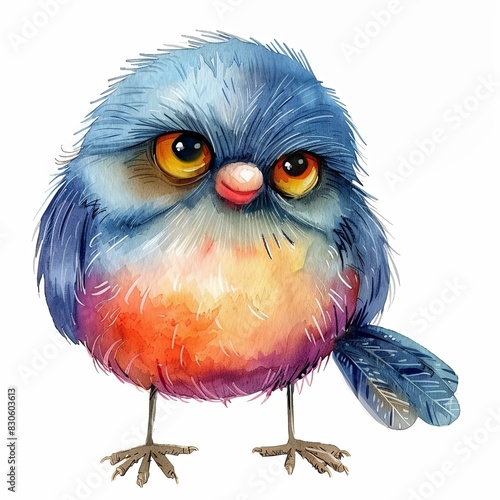 Cute and weird bird watercolor clipart illustration on white background