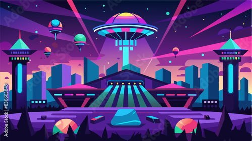 The futuristic festival grounds seemed to pulse with energy as eVTOLs zoomed overhead their multicolored lights adding to the vibrant atmosphere.. Vector illustration