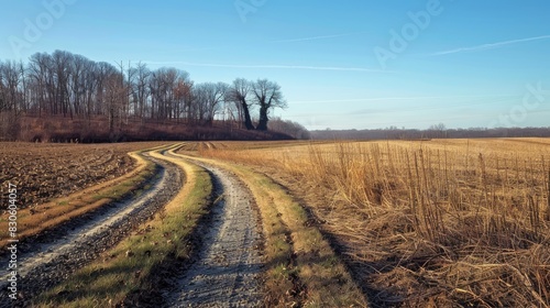 View of farm field with grass plants tractor tracks dry trees near a clear spring day highway