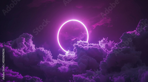 Dark sky and abstract clouds lit by a vibrant electric violet neon ring in a 3D frame, photo