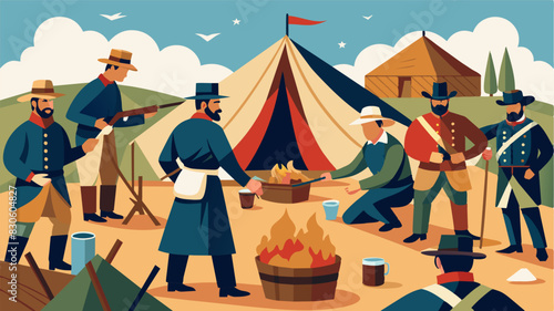 Men dressed as soldiers setting up a civil war camp complete with tents and field rations for a weekendlong reenactment event.. Vector illustration