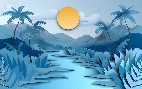 Blue paper art of a tropical landscape with palm tree Palm Tree in Blue Tropical Paper Art