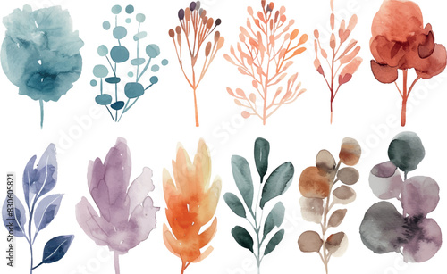 Set of watercolor leaves, pastel colors, for design, clipart