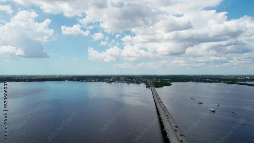 High elevation drone shot looking down at the bridge from Fort Myers to Cape Coral High elevation drone shot looking down at the bridge from Fort Myers to Cape Coral