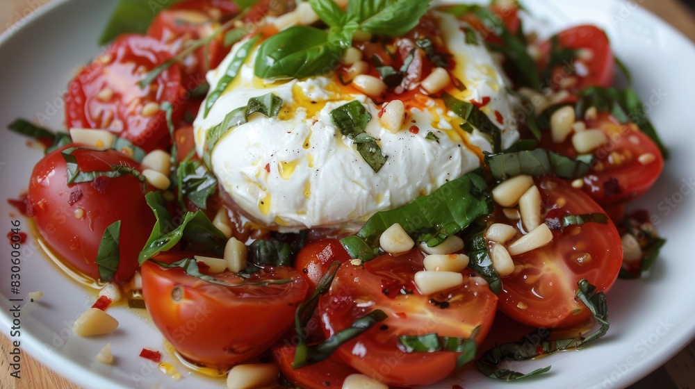 Burrata and Tomato Caprese Salad with Pine Nuts Burrata and Tomato Caprese Salad with Pine Nuts
