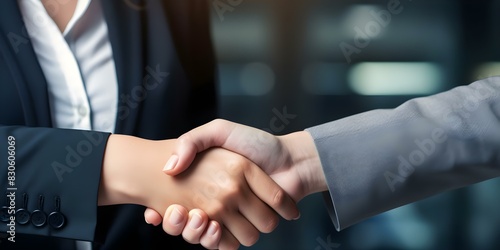 Female executive happily shaking hands with partner after successful deal. Concept Business Partnership, Successful Deal, Handshake, Female Executive, Professionalism