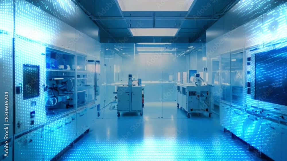 A laboratory with a blue tint. There are machines and equipment lining the walls, and a person in a white lab coat is working at a table in the center. A laboratory with a blue tint. There are machines and equipment lining the walls, and a person in a white lab coat is working at a table in the center.