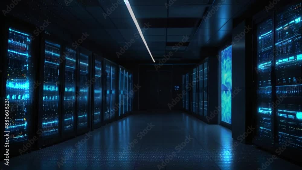 A long, server room with tall cabinets on both sides that are lit up with blue lights. A long, server room with tall cabinets on both sides that are lit up with blue lights.