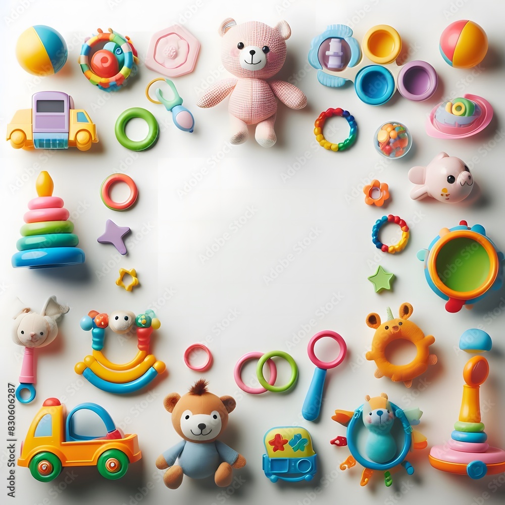 Obraz premium AI Generate of A Kid Toys, Baby Toys, Toddler Toys, Toys with white area for copy text in the middle. Top View. Flat Lay. White Background.