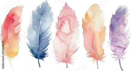 Set of watercolor pastel colors feathers isolated on white