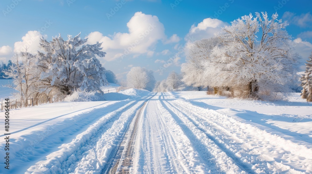 Road covered in snow under clear blue sky with fluffy clouds and snow covered trees along the way Road covered in snow under clear blue sky with fluffy clouds and snow covered trees along the way