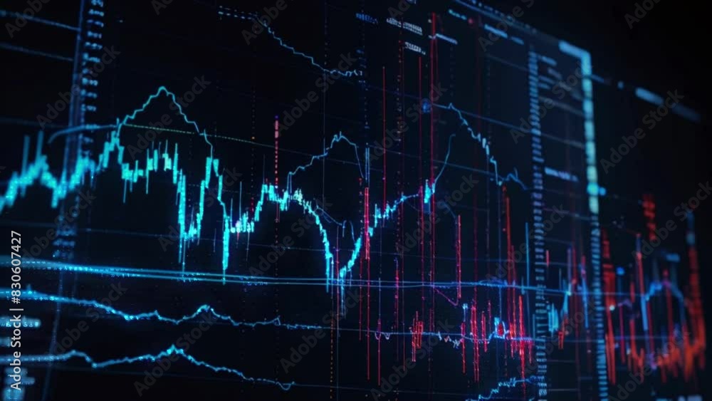 A dark blue background displays a glowing blue and red graph with many lines and numbers. A dark blue background displays a glowing blue and red graph with many lines and numbers.