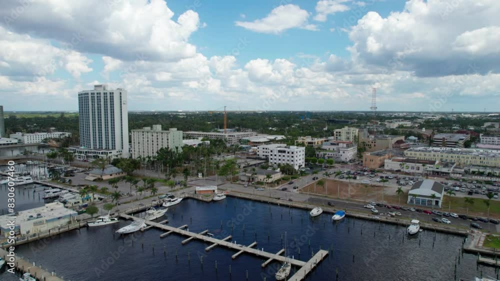 Drone shot rising up above the high-rise businesses in downtown Fort Myers, FL Drone shot rising up above the high-rise businesses in downtown Fort Myers, FL
