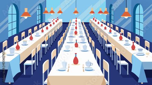 In the dining hall long tables were set with pristine white tablecloths and silver lery making the students feel like they were dining in a fancy restaurant.. Vector illustration