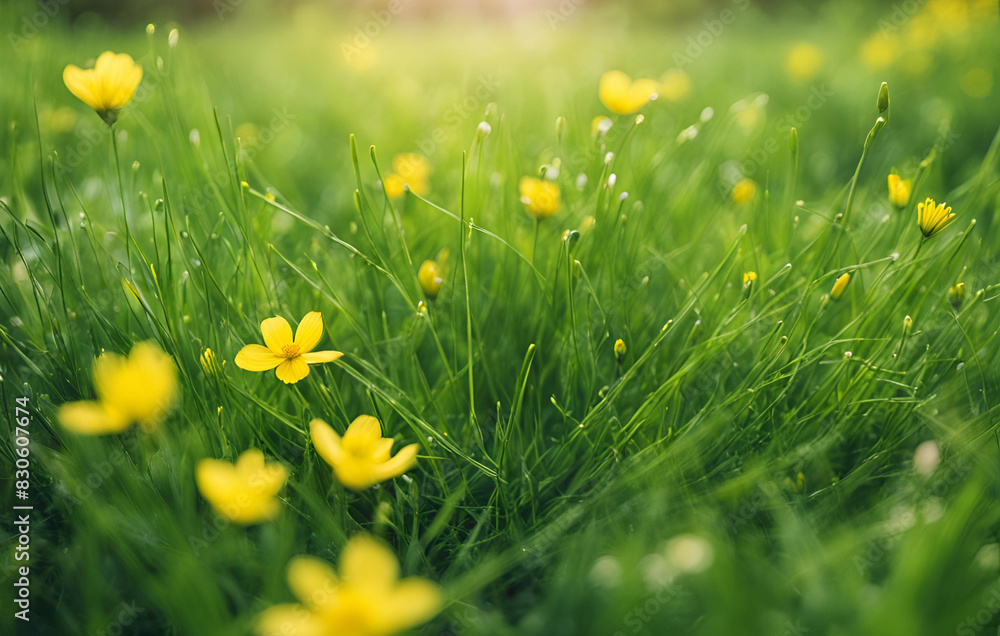 Spring landscape blossoming field with green grass and yellow flowers forest Nature illustration Generative AI, Cheerful background light colors
Spring landscape blossoming field with green grass and yellow flowers forest Nature illustration Generative AI, Cheerful background light colors