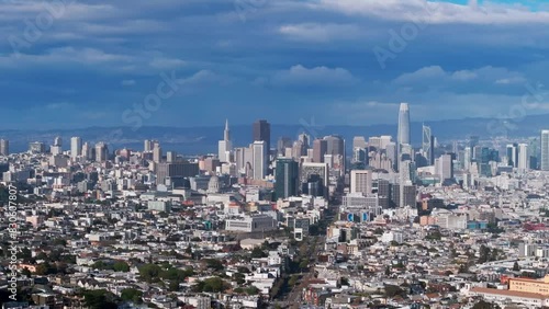 Drone shot of downtown San Francisco Skyline with storm clouds in the background