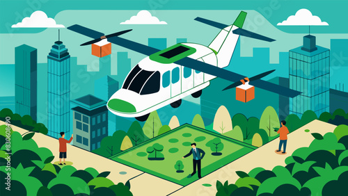 The eVTOL slowly descends onto the rooftop its passengers marveling at the intricate network of green roofs and gardens that stretch out before them.. Vector illustration