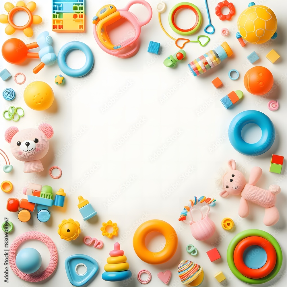 AI Generate of A Kid Toys, Baby Toys, Toddler Toys, Toys with white area for copy text in the middle. Top View. Flat Lay. White Background. AI Generate of A Kid Toys, Baby Toys, Toddler Toys, Toys with white area for copy text in the middle. Top View. Flat Lay. White Background.