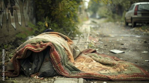 Homeless person sleeps under blanket along street. photo