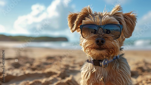 Yorkshire Terrier Puppy Enjoying a Sunny Beach Day in Sunglasses Generative AI