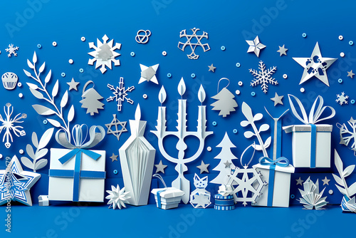 Beautifully crafted blue and white paper scene for Hanukkah with presents and traditional symbols photo