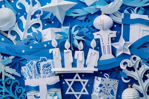 Festive blue and white Hanukkah paper art design with menorah, stars, and holiday decorations photo