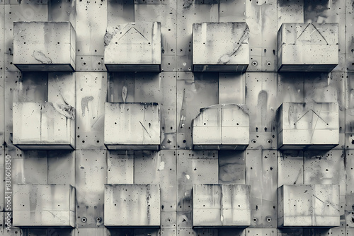 Geometric pattern art displaying aged concrete blocks on a wall