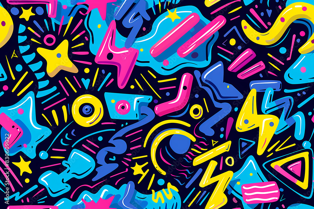 Colorful and energetic abstract seamless pattern emulating the style of graffiti art with various shapes and lines Colorful and energetic abstract seamless pattern emulating the style of graffiti art with various shapes and lines